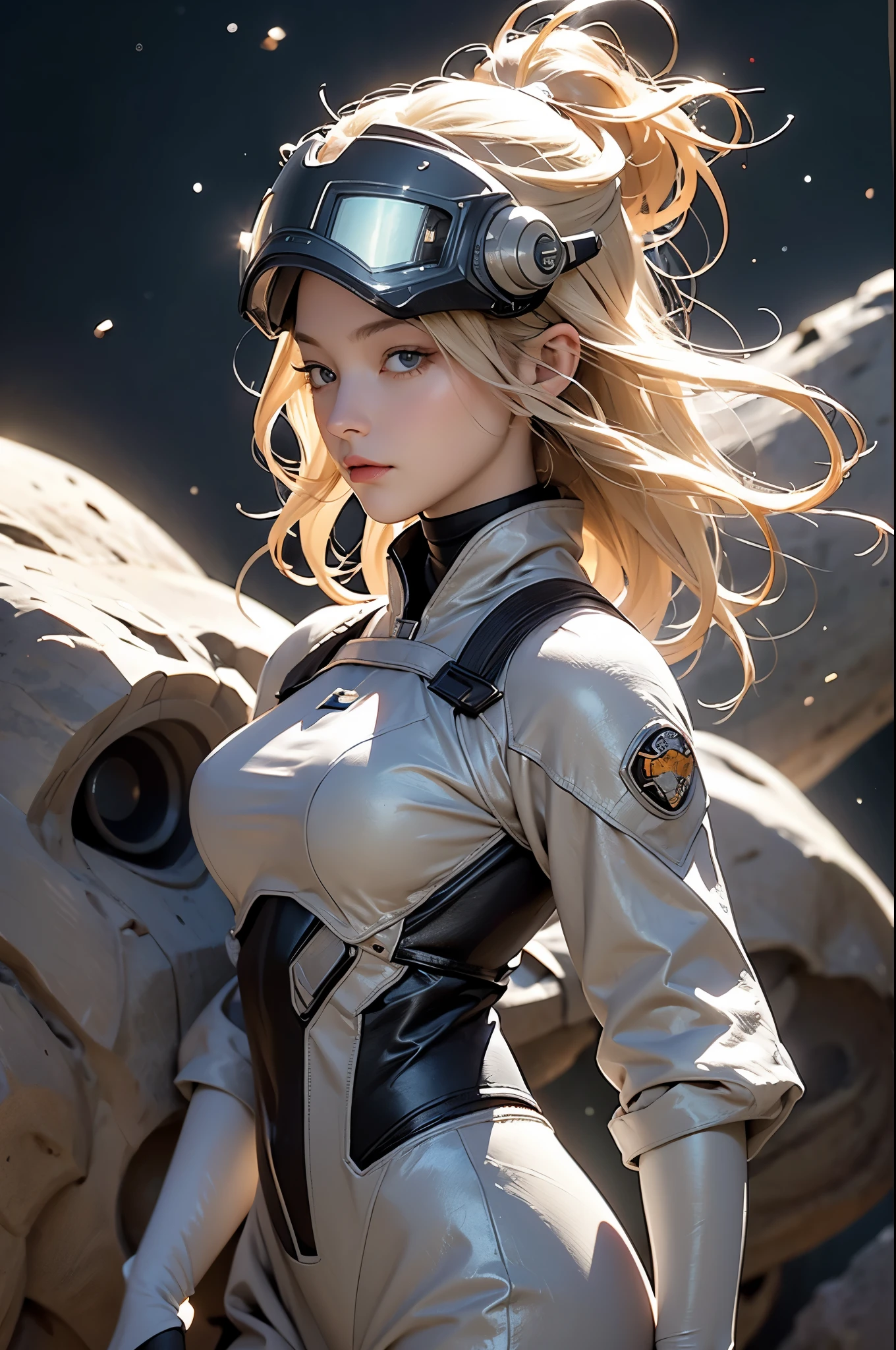 Angry sexy Blonde woman space ranger, facing the camera, helmet off, face mask up, rocks covered with brown furry fuzzy moss like lichen, full body shot head to toe, exploring a dry rocky almost barren ice planet, running 3/4 profile left, holding a long barrol multishot space hunting rifle, ultra blonde white hair, wavy hair, curly hair, sexy hair, large breasts, wearing ultra dusty wornout clothing, convertable helmet visor down showing ultra beautiful mezmerising face, she is wearing a dry dusting looking leather retro hunting outfit consisting of long brown overcoat leather space ranger form fitting body suit and small amounts of future clothing and space tech, action pose hunting, 36k resolution ultra hyper detailed image, photo-realistic, dehaze, dark of night hunting a nocturnal elusive alien carnivorous animal.,space_girl,Explosive dust