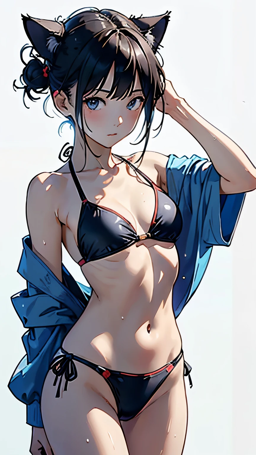 (highest quality, masterpiece, High resolution)、4K Anime Art、(1 beautiful Japan woman、20-year-old)、(whole bodyポートレート、Natural standing posture)、Detailed depiction of a beautiful face、Smiling Kindly、Small breasts、Slim figure、((Cat ear))、Medium Short Hair、semi-long、Hair Bun、Wet 水着、bikini、One piece swimsuit、A pareo skirt with ethnic patterns and primary colors、Realistic Skin、Wet、whole body、No zoom、No close-ups、Pool、(((Blank Background)))、(((White Background)))、