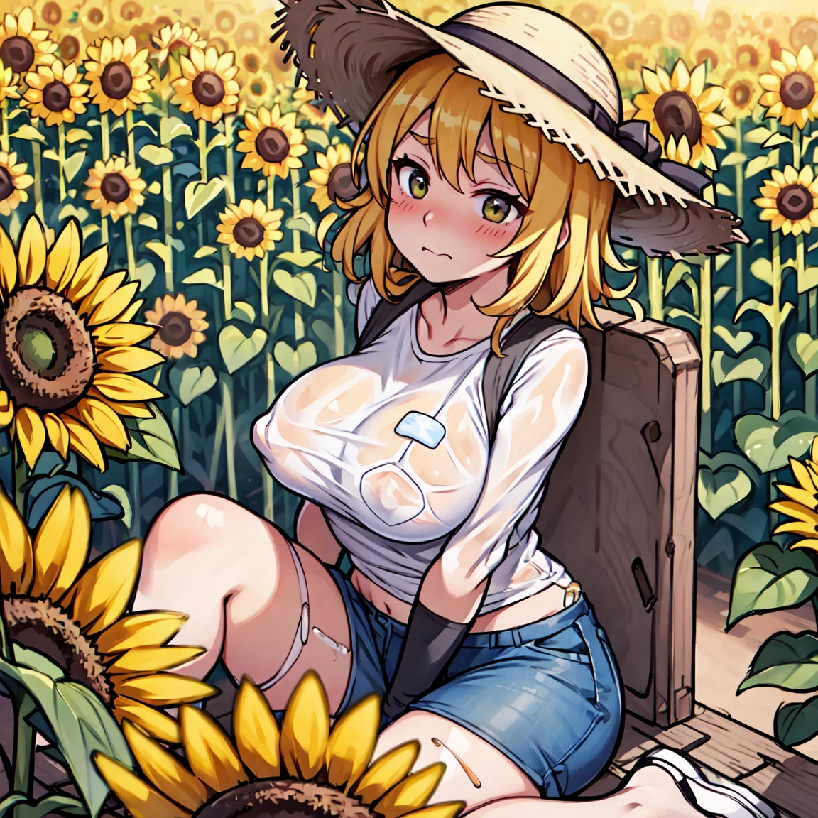 Sunflower field、summer、Straw hat、sunny、oversized white shirt、Big Breasts、Breasts pushing up clothes、Tight clothes、Blushed cheeks、Embarrassed、Sit with your legs apart、Protruding nipples、after the rain、Wet clothes、Bandaids on nipples