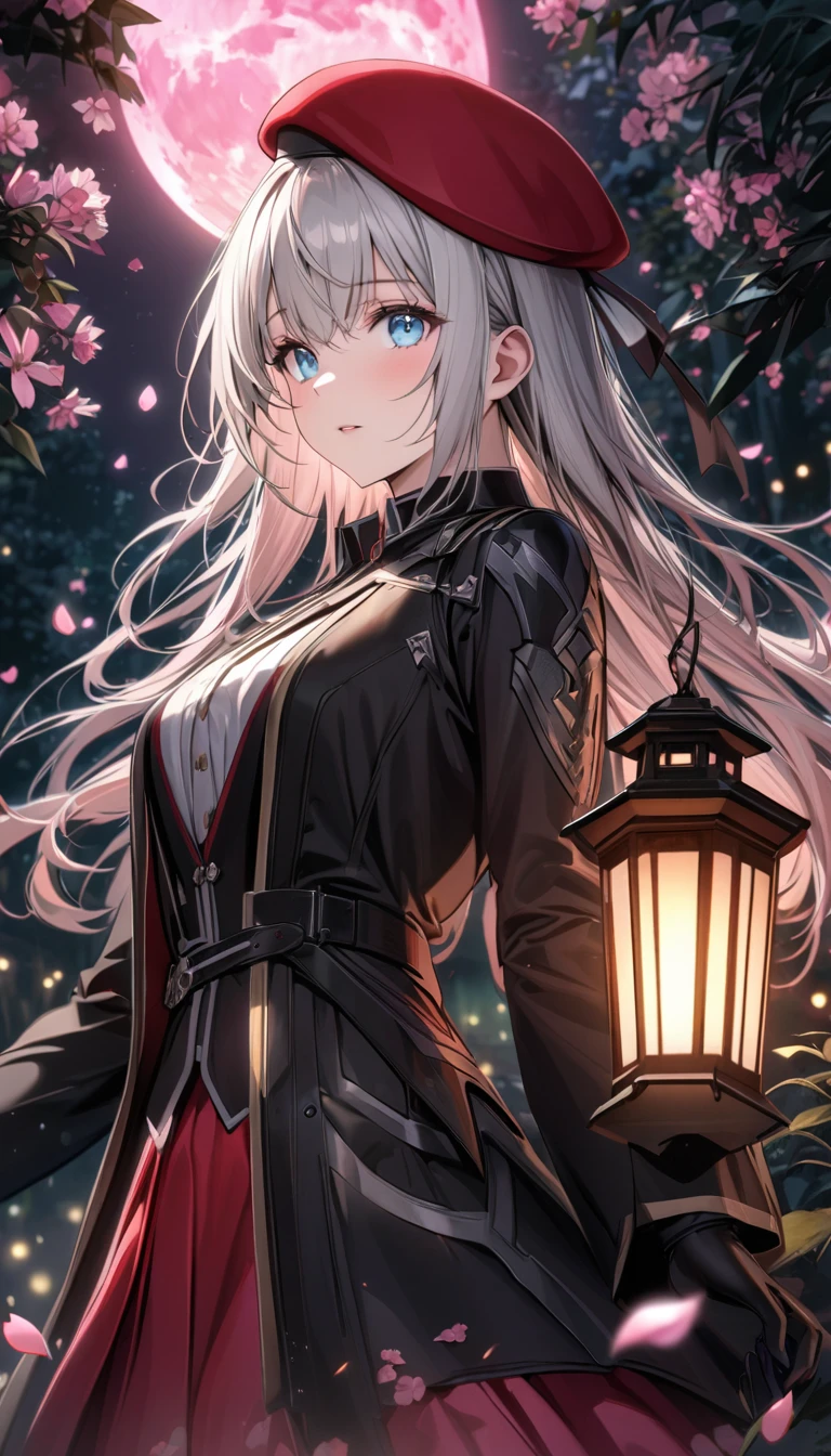 Ultra detailed, highres, absurdres, HDR, Alisa Ilinichina Amiella, silver hair, blue expressive eyes, God eater, pink flowers, petals, fireflies, lanterns, pink moon, woman, extremely beautiful, very detailed face and eyes, red skirt, black coat, red beret hat, solo, black gloves,