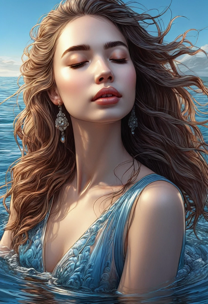 masterpiece, high quality, 4K, beautiful design, shiny, from front, award winning photo, very detailed, amazing, fine detail, absurd, highly detailed ,1girl, long hair, very detailed eyes and face, (big: 1.15), bikini, beach, sun