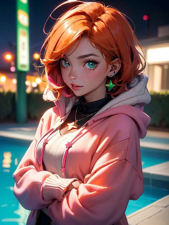(masterpiece)(high resolution)(portrait)(face)(single 22-year old girl)(messy, short orange flared hair)(lip piercing)(green eyes)(shiny skin)(black and pink sweater with hoodie)(choker)(green star necklace)(glossy lips)(smile)(happy and eager)(nighttime pool in background)