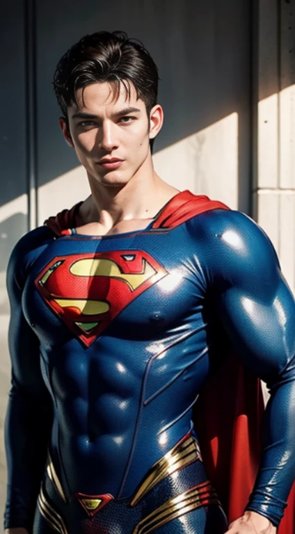 ((Men only)), (head shot), (face only), (handsome muscular man in his 20s), (superman), (Superman, a fictional superhero, is characterized by his chiseled physique, blue eyes, dark hair, and iconic red and blue costume with a bold "S" emblem on his chest), (Chris Redfield), (Mischievous smile), (detaile: 1 in 1), Natural muscles, HIG quality, beautidful eyes, (Detailed face and eyes), (Face、: 1 / 2), Noise, Real Photographics、... .................................................................................................................PSD, Sharp Focus, High resolution 8K, realisitic & Professional Photography, 8K UHD, Soft lighting, High quality, Film grain, FujifilmXT3