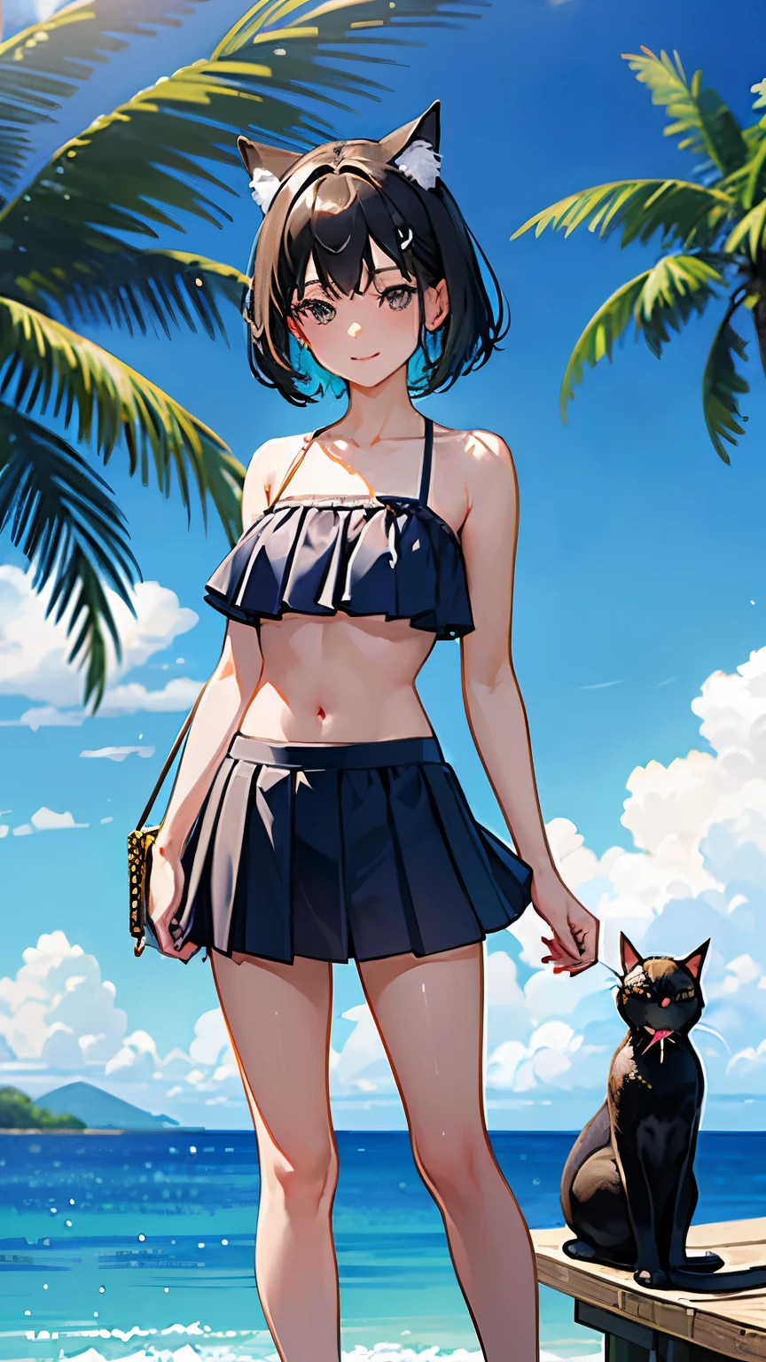 (highest quality, masterpiece, High resolution)、4K Anime Art、(1 beautiful Japan woman、20-year-old)、(Full body portrait、Natural standing posture)、 (Detailed depiction of a beautiful face)、Smiling Kindly、Small breasts、Slim figure、((Cat ear))、Medium Short Hair、Wet see-through bikini、A pareo skirt with ethnic patterns and primary colors、Realistic Skin、Wet、tropical、Against the background of palm trees、With the sea in the background、Blur the background、