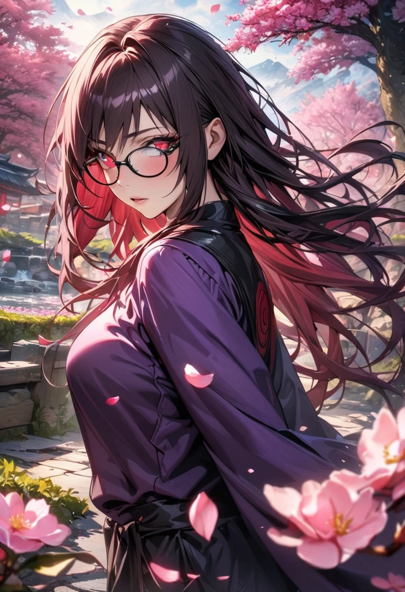 absurdres, highres, ultra detailed, HDR, master piece, best quality, extremely detailed face and eyes, Karin, expressive red eyes, red long hair, glasses with black frames, Naruto Shippuden, solo, woman, extremely beautiful, purple clothes, pretty, pink petals, blossoms, trees, pink flowers