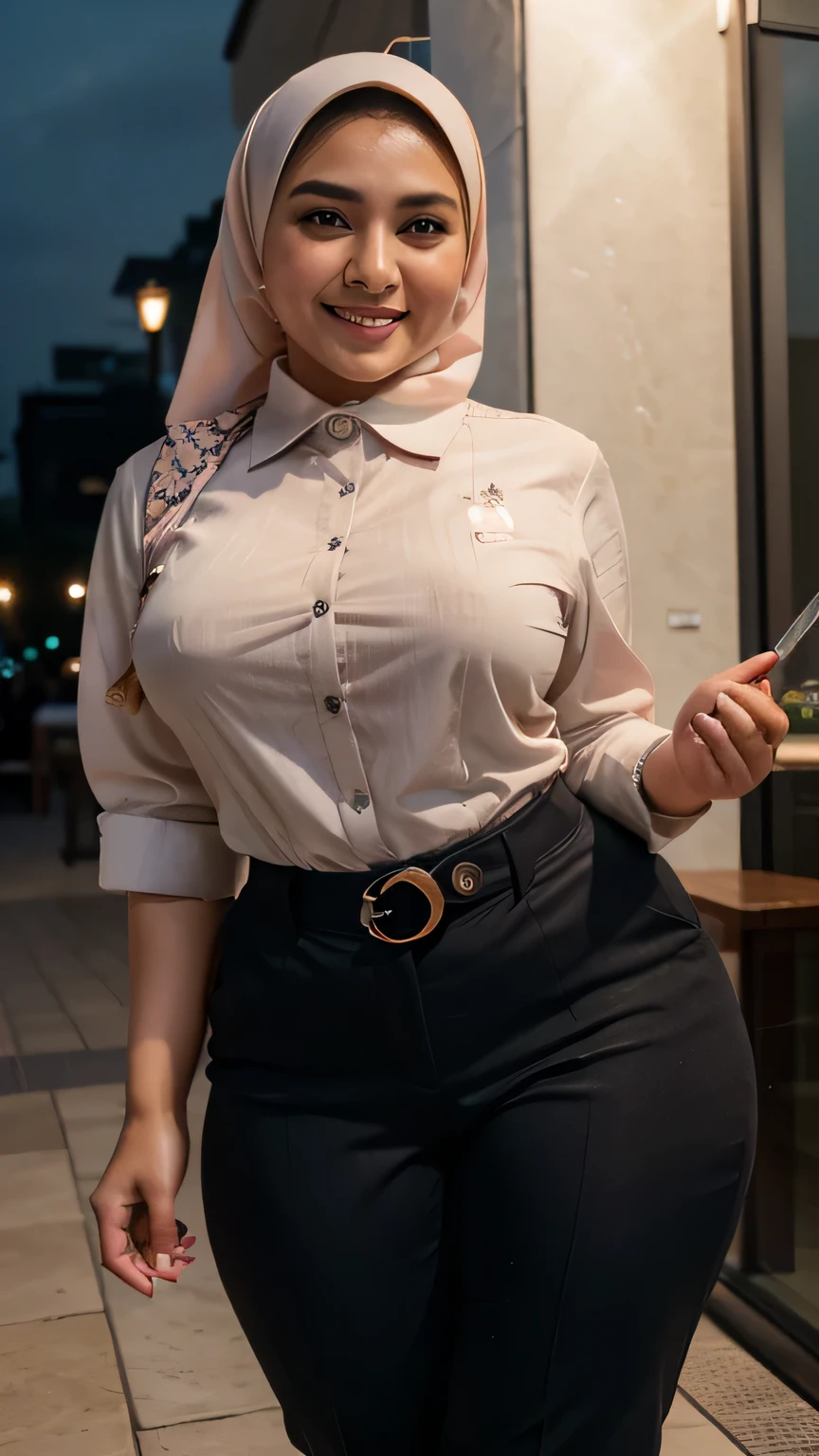 ((best quality)), ((masterpiece)), (detailed), perfect face(8k, RAW photo, best quality, masterpiece:1.2), (realistic, photo-realistic:1.37), ultra-detailed,
1 hijabis malay girl, cute, solo,beautiful detailed sky,detailed cafe,night,dating,(nose blush),(smile:1.1),(closed mouth),medium breasts, huge thighs,(curvy fit body) seductive smile, large aparture, professional lighting, Sony A7R4, Zessie 50mm F1.8,
beautiful detailed eyes,(collared shirt:1.1), bowtie,pleated tight pant, wear plain hijab