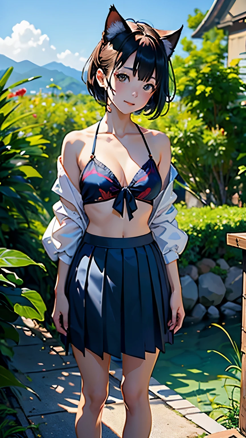(highest quality, masterpiece, High resolution)、4K Anime Art、(1 beautiful Japan woman、20-year-old)、(Full body portrait、Natural standing posture)、 (Detailed depiction of a beautiful face)、Smiling Kindly、Small breasts、Slim figure、((Cat ear))、Medium Short Hair、(Using ethnic patterns and primary colors、bikini、Paleo skirt)、tropical、Against the background of palm trees、With the sea in the background、Blur the background、
