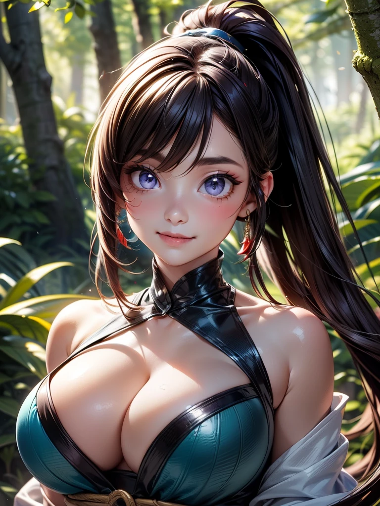 {{{masterpiece}}}, {{{best quality}}}, {{ultra-detailed}}, {cinematic lighting}, {illustration}, {beautifuly detailed eyes}, {1girl}, extremely detailed, 1girl, solo, flirtatious pose, A beautiful shinobi warrior, purple hair in a long ponytail, wearing gold and blue clothing, warrior, playful smile, purple eyes, huge breasts, cleavage, hourglass figure, facing viewer, outdoors, woodland background, highly detailed face and clothing, slightly narrow eyes, perfect face, fair skin, hair bangs, long hair, noble beautiful, traditional Japanese clothing, shinobi woman, half-body picture, from the thighs up, 