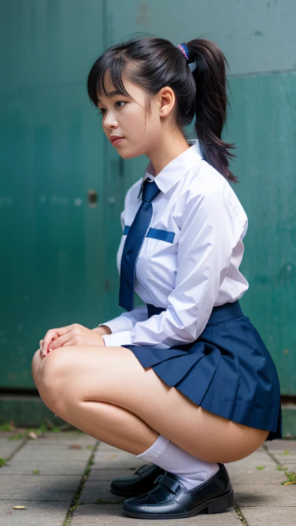 Thai, ponytail, white collared shirt, Long sleeve shirt, necktie, pleated skirt, dark blue long skirt, white socks, black loafers, Thighs look good, squatting down, open leg to side, showing her panties, panties shot