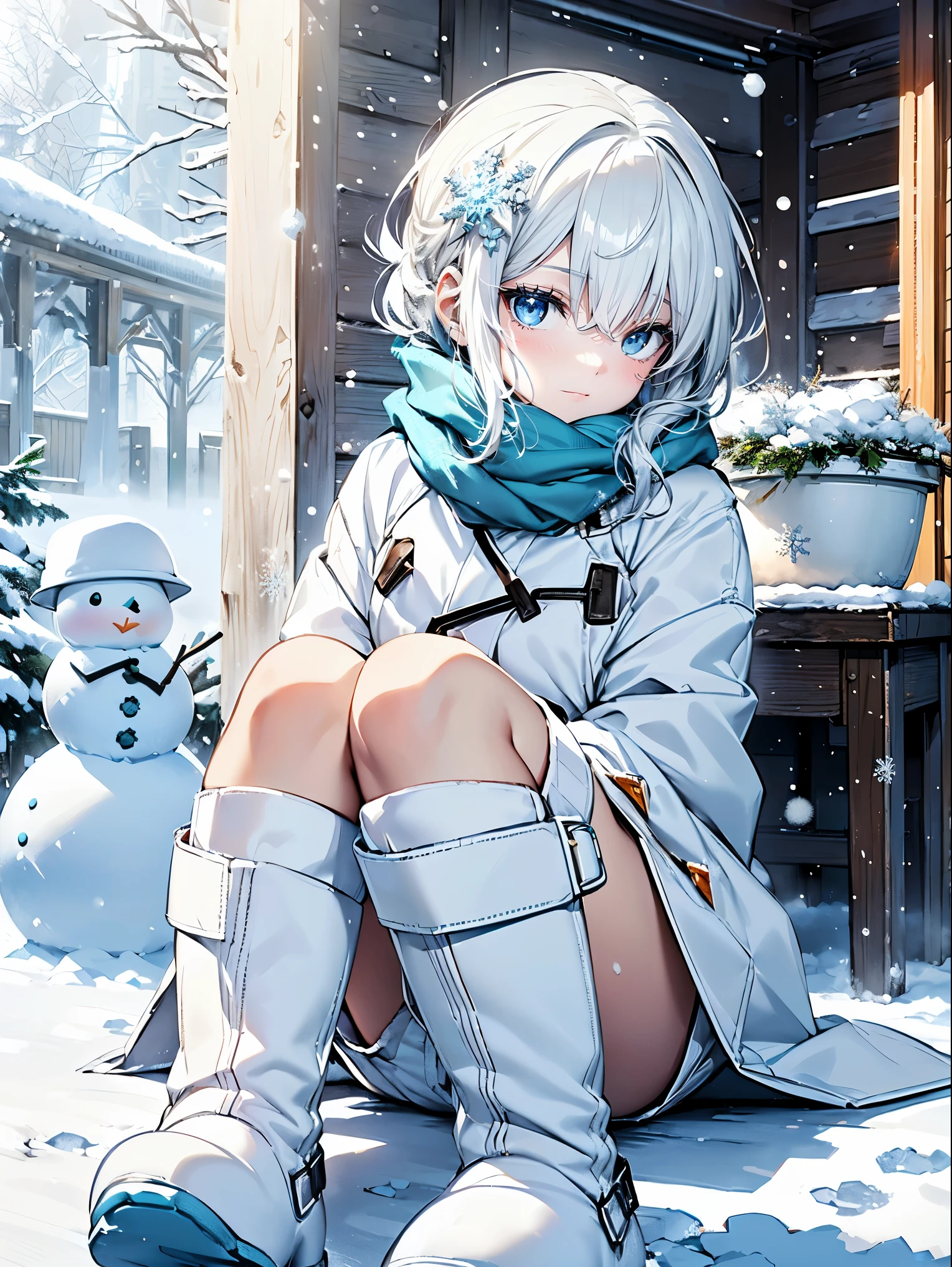 (Snow Girl:1.2), (snowflake white hair:1.4), ((blue eyes, Cold and beautiful):1.5), ((White coat, Fluffy and warm):1.2), (Blue scarf:1.3), (Snow Boots、Snow boots:1.3), (snowman:1.2)