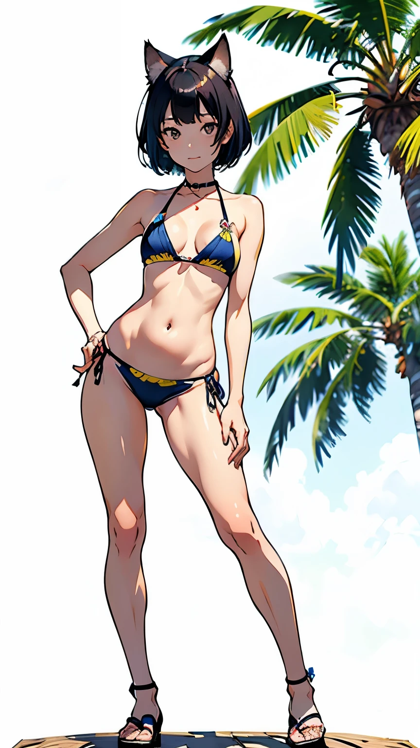 (highest quality, masterpiece, High resolution)、4K Anime Art、(1 beautiful Japan woman、20-year-old)、(Full body portrait、Natural standing posture、Hands on Hips)、 (Detailed depiction of a beautiful face)、Smiling Kindly、Small breasts、Slim figure、(Cat ear)、Medium Short Hair、(Ethnic pattern and primary color bikini、Wear an ethnic cloth around your waist)、tropical、Palm tree、Blur the background、(Blank background)、((White Background))、