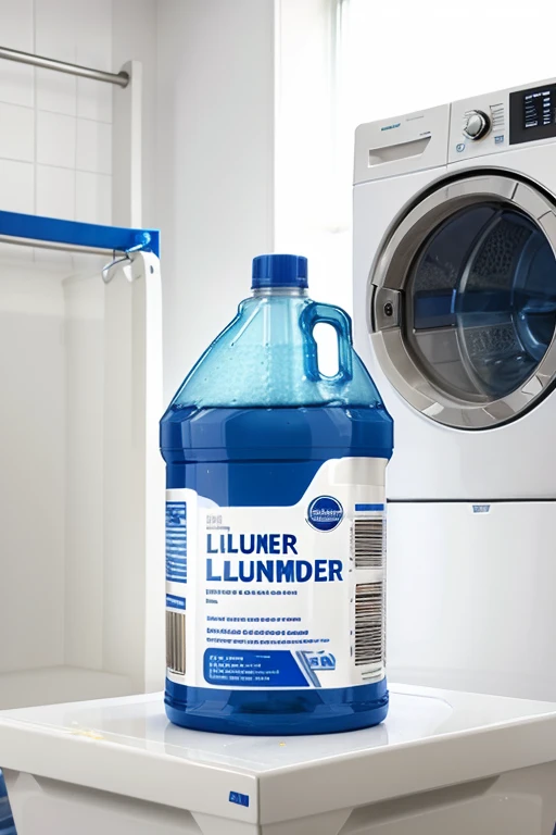 transparent liter bottle full of royal blue liquid laundry detergent in a laundry environment with a lot of clean and shiny clothes, optimal to attract sales with a blank label without letters or logos