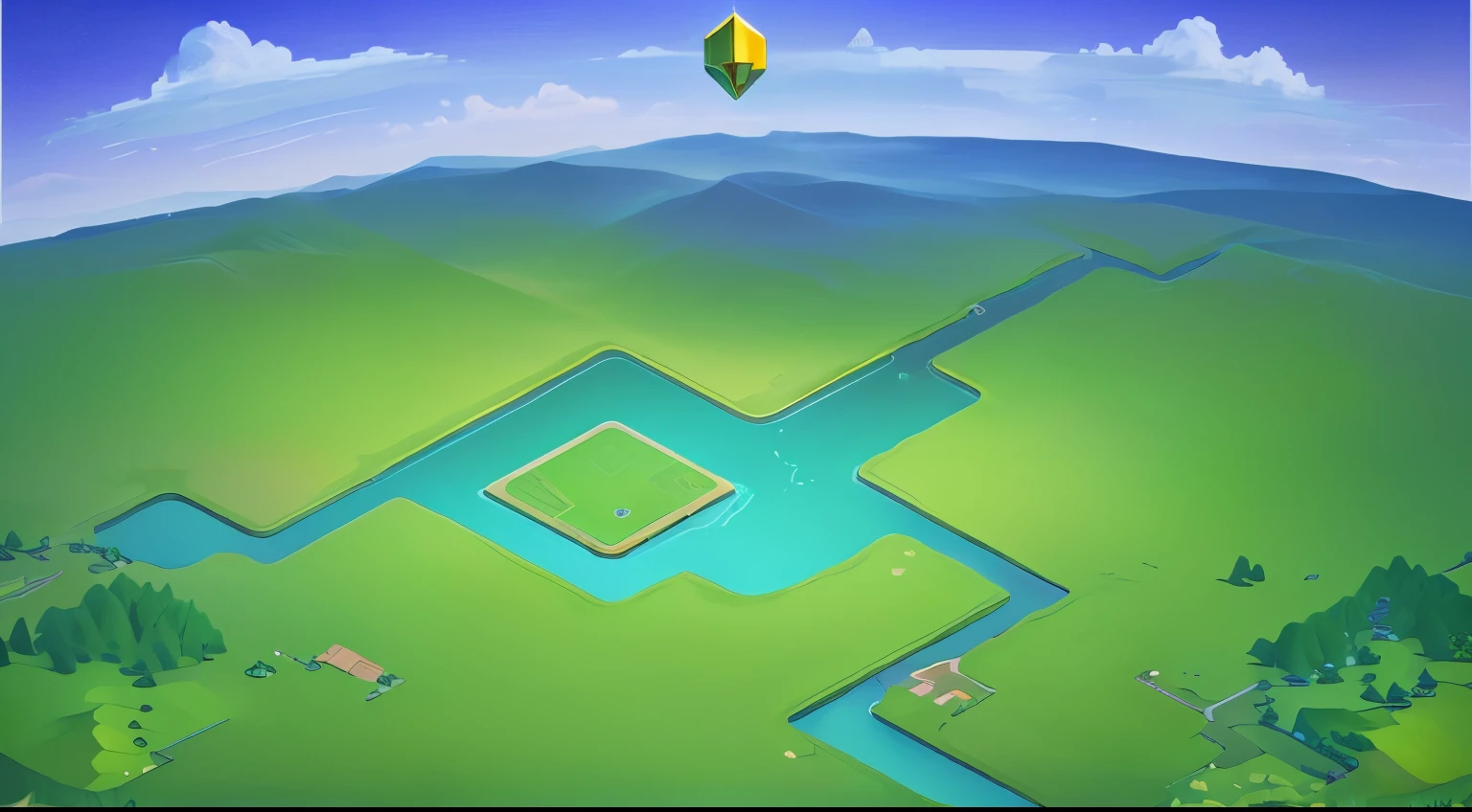 There is a small pond in the middle of a green field with distant mountains and sky., Isometric map, Isometric 2D game art, Creek, Isometric style, Incredible isometric screenshots, Isometric game, Isometric game art, Pre-rendered isometric graphics, Isometric environment, 2D mask illustration, Isometric drawing, game illustration, Mobile game background anglyph, stereogram, tachi-e, pov, atmospheric perspective, 8k, super detail, ccurate, best quality, UHD, retina, masterpiece, anatomically correct, ccurate, textured skin, super detail, high quality, best quality