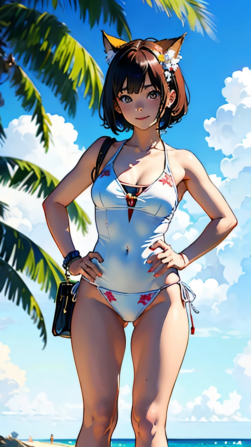 (highest quality, masterpiece, High resolution)、4K Anime Art、(1 beautiful Japan woman、20-year-old)、(Full body portrait、Natural standing posture、Hands on Hips)、 (Detailed depiction of a beautiful face)、Smiling Kindly、Small breasts、Slim figure、(Cat ear)、Medium Short Hair、(White swimsuit、Ethnic pattern and primary color bikini、Wear an ethnic cloth around your waist)、tropical、Palm tree、Blur the background、(Blank background)、((White Background))、