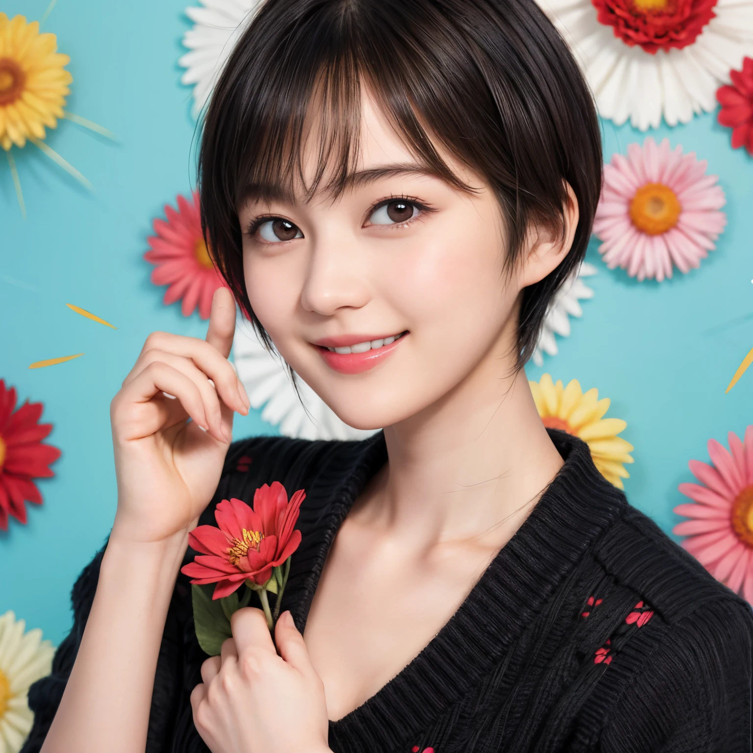 215 Short Hair, 20-year-old woman, A kind smile, Floral