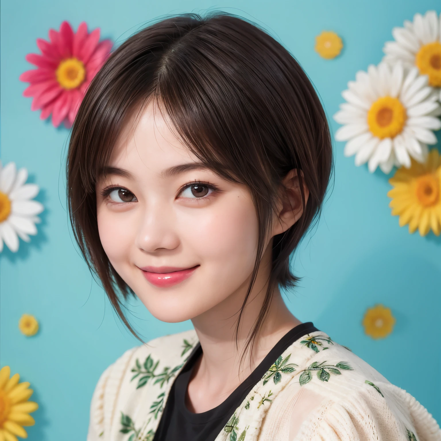 215 Short Hair, 20-year-old woman, A kind smile, Floral