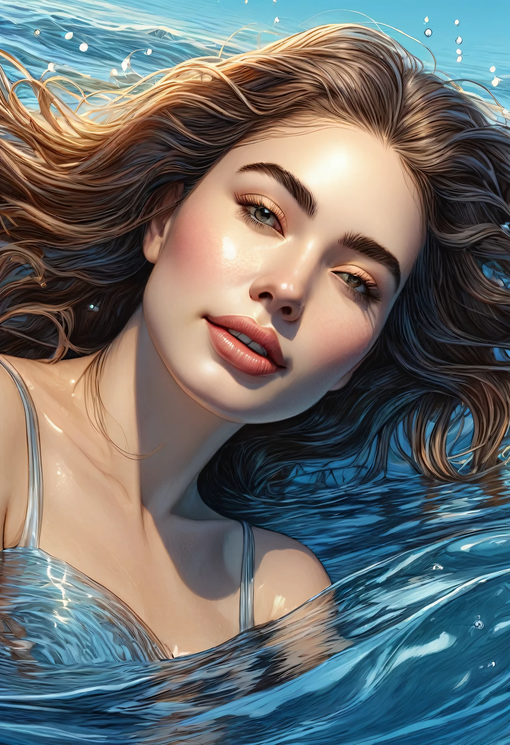 (best quality, 4k, 8k, high resolution, masterpiece: 1.2), ultra detailed, (realistic, photorealistic, photorealistic: 1.37), (beautiful woman lying floating in the water with her eyes closed, relaxed: 1.6), with a long dress, sea, beautiful detailed lips, fluid dress, sunlight reflecting on the water, floating hair, tranquil landscape, light blue dress, serene expression, vivid colors, gentle waves, gentle breeze, golden hour lighting