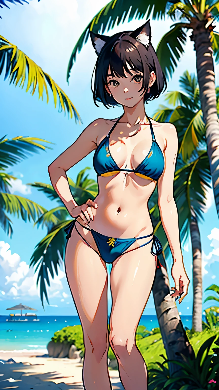 (highest quality, masterpiece, High resolution)、4K Anime Art、(1 beautiful Japan woman、20-year-old)、(Full body portrait、Natural standing posture、Hands on Hips)、 (Detailed depiction of a beautiful face)、Smiling Kindly、Small breasts、Slim figure、(Cat ear)、Medium Short Hair、(Colorful Swimsuits、Ethnic pattern and primary color bikini、Wear an ethnic cloth around your waist)、tropical、Palm tree、Blur the background、(Blank background)、((White Background))、