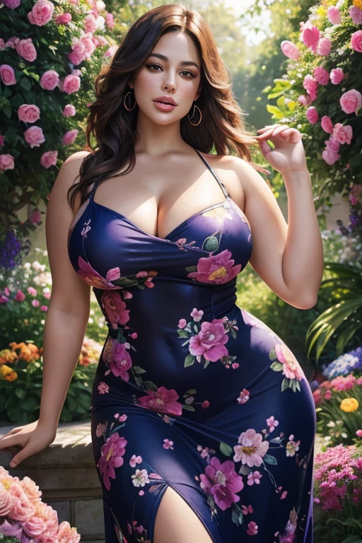a confident curvy model,Ashley Graham,stylishly posing in a vibrant garden,medium:oil painting,beautiful detailed eyes,beautiful detailed lips,stylishly dressed in a flowing floral dress,tall and confident posture,feminine and empowering,with a radiant smile, surrounded by colorful flowers,glowing warm sunlight,creating a dreamy atmosphere,highres,ultra-detailed,realistic:1.37,vibrant colors,dream-like lighting,creating a masterpiece.