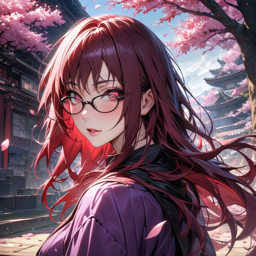 absurdres, highres, ultra detailed, HDR, master piece, best quality, extremely detailed face and eyes, Karin, expressive red eyes, red long hair, glasses with black frames, Naruto Shippuden, solo, woman, extremely beautiful, purple clothes, pretty, pink petals, blossoms, trees, pink flowers