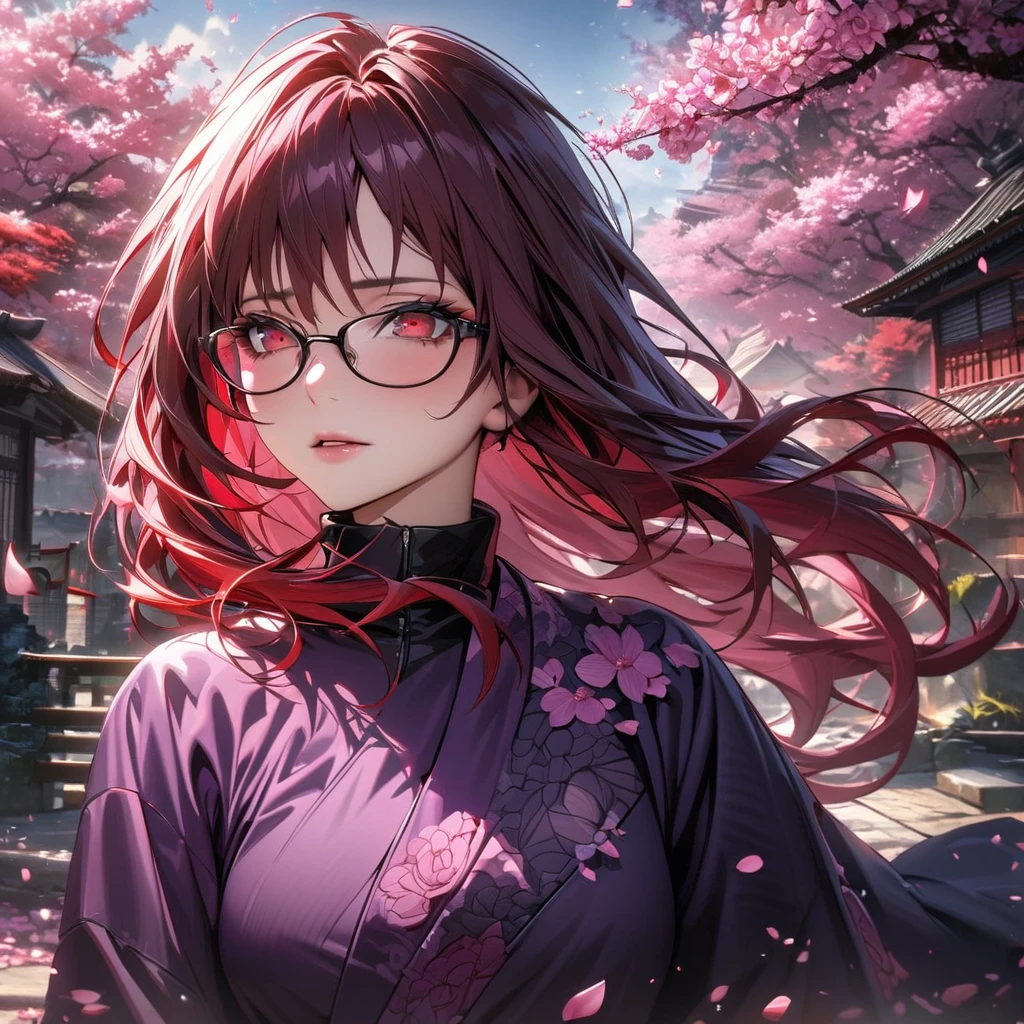 absurdres, highres, ultra detailed, HDR, master piece, best quality, extremely detailed face and eyes, Karin, expressive red eyes, red long hair, glasses with black frames, Naruto Shippuden, solo, woman, extremely beautiful, purple clothes, pretty, pink petals, blossoms, trees, pink flowers