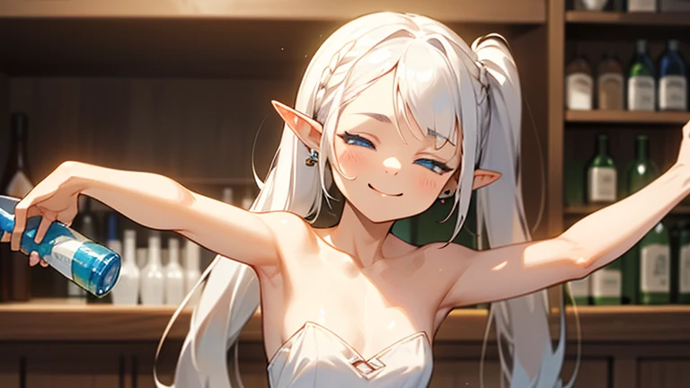 (1 girl),(((pointy ears))),((twintails)),((earrings)),jewelry,(((solo))),(((smile))),towel,(((long hair))),(((,elf girl))),((((Frieren)))),wooden floor,pillarboxed,(((((half-closed eyes))))),(((blue eyes))), indoors,(((white hair))),(((small breasts))),table,bare shoulders,parted bangs,holding, (((holding a bottle with the stretched arm))),(meme,collarbone,(((closed mouth))),parody,smug,bottle,bangs,braid,upper body