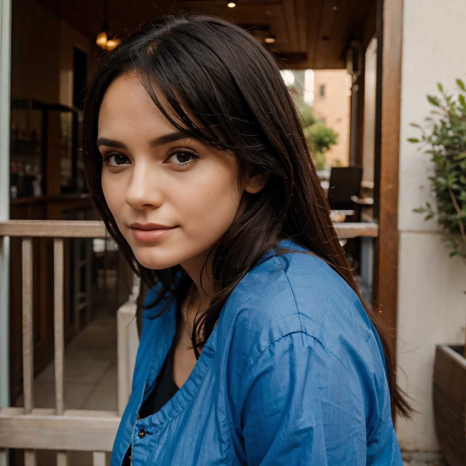 portrait d'une jeune femme vue de face qui ne sourit pas, aux cheveux noir typé latina 