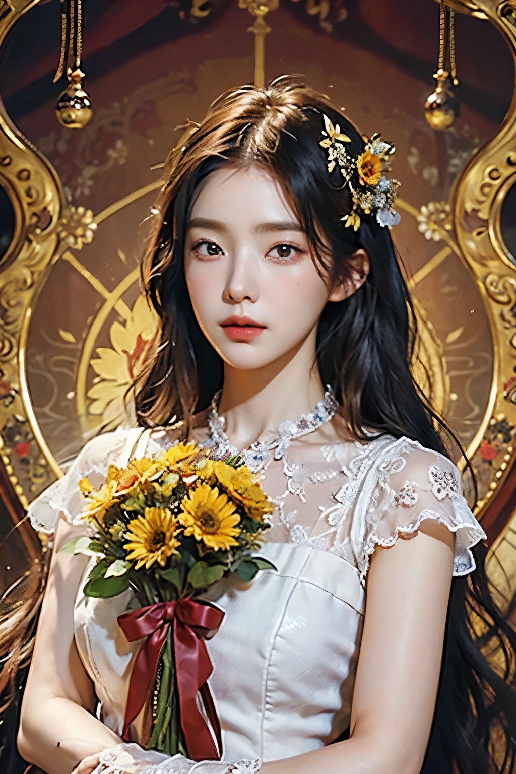 (masterpiece, top quality, best quality, official art, beautiful and aesthetic:1.2), (1 woman), extremely detailed,(fractal art:1.3),fancy,Most detailed chiaroscuro illustration of a woman holding a bouquet of sunflowers in front of a golden background, Surrealist Art Nouveau, chie yoshii, Andrei Lemnev, by Yamagata Hiro, Mucha Klimt and Tom Bagshaw, Inspired by J. Seed. Leyendecker, Inspired by J.Seed. Leyendecker, Inspired by James Seed. Seedhristensen