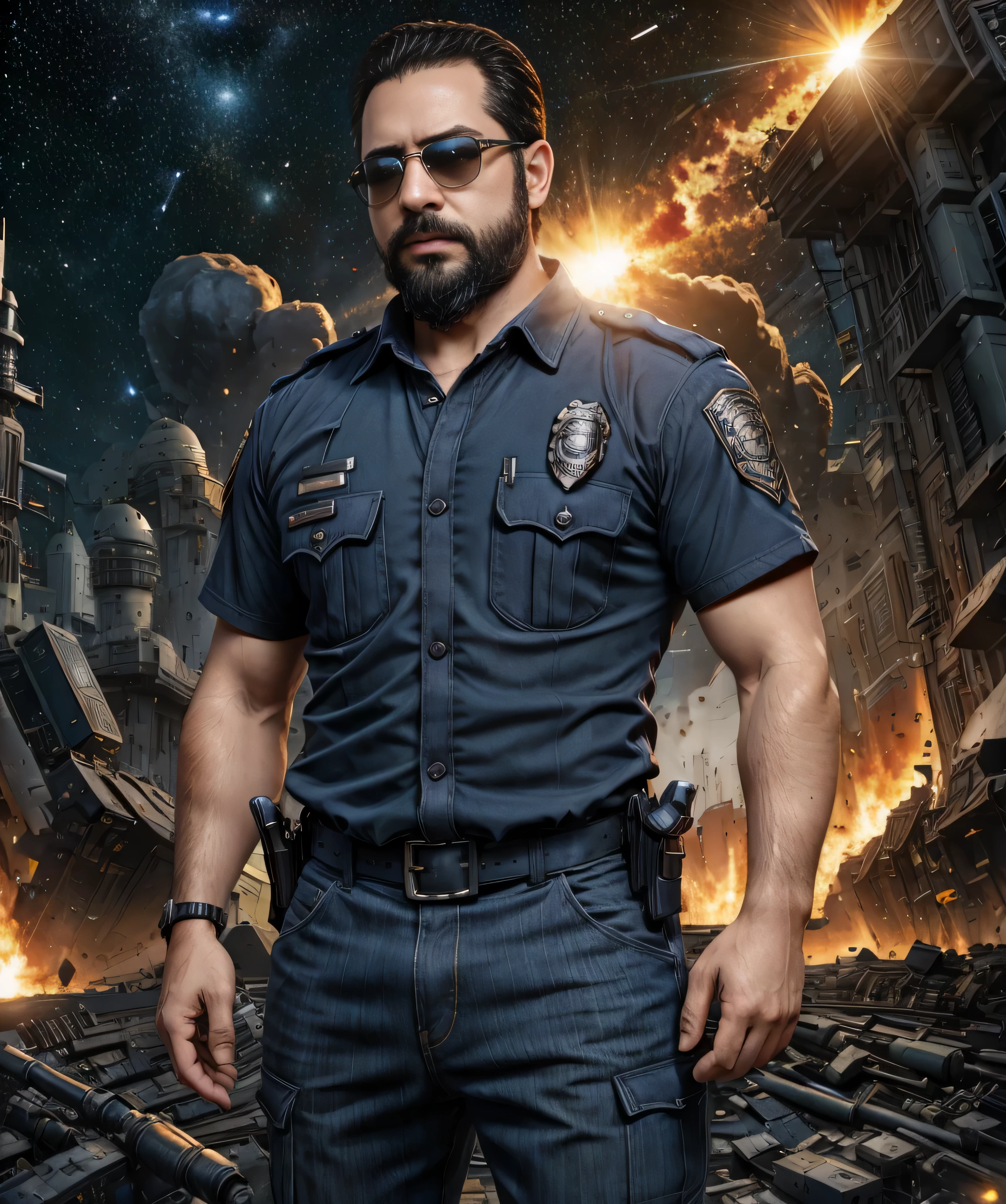 Obra maestra, desenfoque de campo, Parte superior del cuerpo, Hands in pants pockets, 38 year old chubby man with beard and square sunglasses.. Man in police t-shirt in a space movie with a solar explosion in the background.