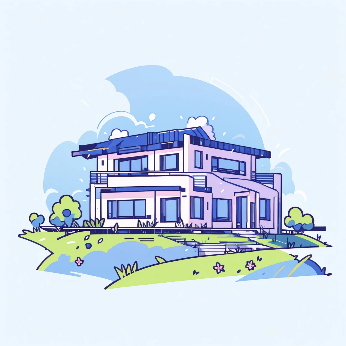 flower，Sky，house，grassland，sd mai, Flat illustration,