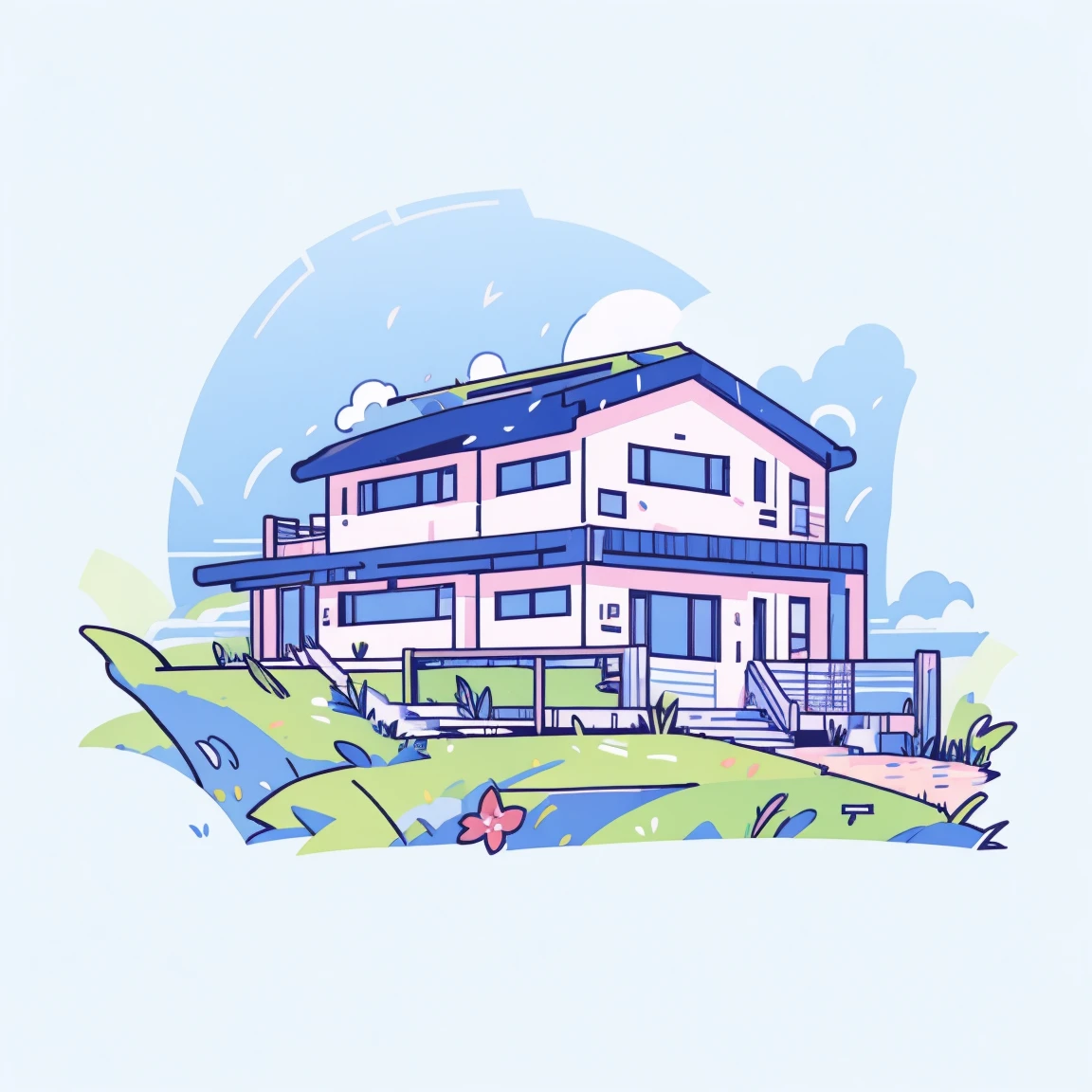 flower，Sky，house，grassland，sd mai, Flat illustration,