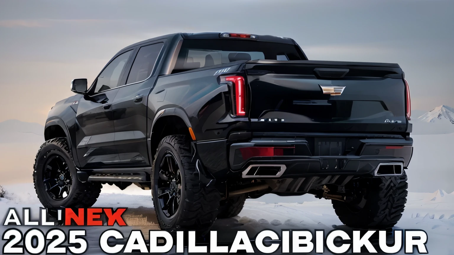 a black truck with the words new 2020 cadillac pickup, miniatura do youtube, ultra realistic”, ultra realistic ”, super realistic”, com linhas elegantes e um poderoso, trends in vehicle design, 2 0 2 3, 2023, 🕹️ 😎 🔫 🤖 🚬, 2 0 2 2, 2022, hyper realistic ” Cadillac Pickup