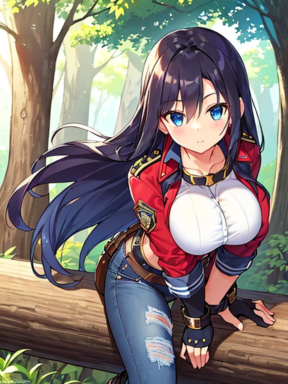 A confident cute Girl, (Beautiful Long Brunette Hair), Beautiful Blue Eyes, (Very Huge Breasts), and is fairly muscular. Pretty afternoon lighting, slightly close-up camera, 18 years-old, wearing an outfit that accentuates her Beauty and Personality while still being respectful, practical, and casual. A (Worn, Plaid Red Jacket), with a White Shirt, (Navy-Blue Heavily-worn Jeans), Leather Belt with a small Gold Buckle, Dark-Grey Boots, and (Black fingerless Gloves). She is peacefully taking a hike through the Mountainous Forest around her Log-Cabin.