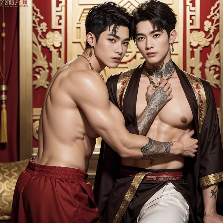 ( safe for work),Two handsome boys kissing, smiling at each other,hugging, kissing, touching lips, cuddle, romantic,skin ship, Chinese Men God, Mythology, realistic, Chinese odyssy, super Handsome,manly, kpop idol, handsome korean actor, 20 years old,, detailed face, manly jawline, detailed mess curly styling hair, Topless, Muscles, big breast Athlete body, Full Frame,full body shoots, realistic, human skin, tattoo breast, Professional studio Lighting, long red tibet wedding Outfit, jade and golden pendent all over , detailed jewery in dress, earings,Chinese ancient wedding Background,out door, super detailed background,look at camera , open mouth, thin Underneathe Underwear, tibet Warrior, Hanfu red wedding dress, tibet Male, tibet Nobel, Seduce , bare chest , tattoo chest, tattoo arms, tattoo hands, tattoo back, tattoo legs , tattoo belly, big juicy butts, 