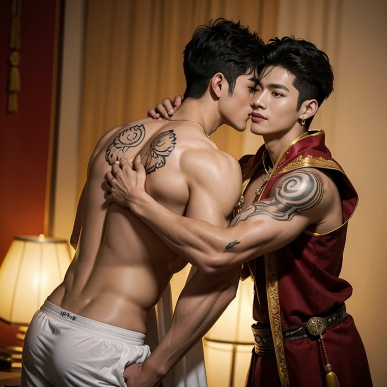 ( safe for work),Two handsome boys kissing, smiling at each other,hugging, kissing, touching lips, cuddle, romantic,skin ship, Chinese Men God, Mythology, realistic, Chinese odyssy, super Handsome,manly, kpop idol, handsome korean actor, 20 years old,, detailed face, manly jawline, detailed mess curly styling hair, Topless, Muscles, big breast Athlete body, Full Frame,full body shoots, realistic, human skin, tattoo breast, Professional studio Lighting, long red tibet wedding Outfit, jade and golden pendent all over , detailed jewery in dress, earings,Chinese ancient wedding Background,out door, super detailed background,look at camera , open mouth, thin Underneathe Underwear, tibet Warrior, Hanfu red wedding dress, tibet Male, tibet Nobel, Seduce , bare chest , tattoo chest, tattoo arms, tattoo hands, tattoo back, tattoo legs , tattoo belly, big juicy butts,