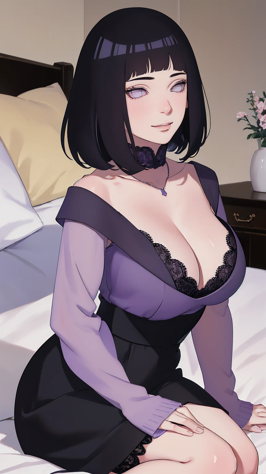 { - anatomy error} (Masterpiece - Ultra-detailed, very high resolution) (huge titusty, masterpiece, absurdres, hinata\(boruto\), 1girl, solo,mature female, off-shoulder bra, high waist black short skirt, looking at viewelling petals), perfect composition, detailed lips, big breast, beautiful face, body propotion, blush, (pink lips), short hair, (black hair), purple eyes, soft gaze, super realistic, detailed, photoshoot, realistic face and body, closed mouth, laying on the bed , lilac eyes, full body, lace clothes, with chin resting on shoulder, perfect fingers, backwards, looking back, naughty  smile