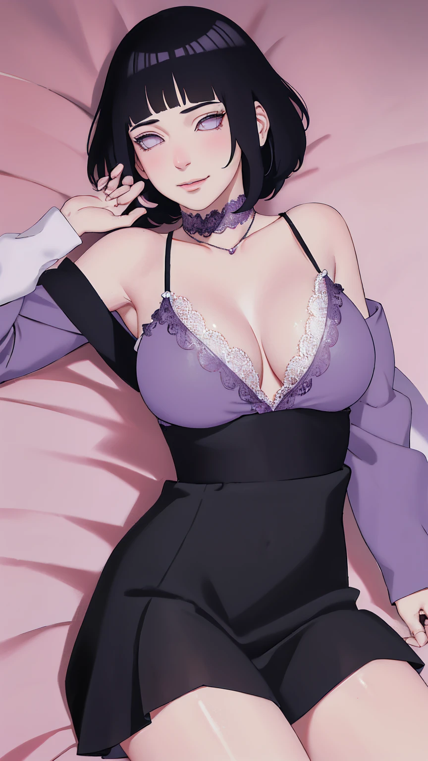 { - anatomy error} (Masterpiece - Ultra-detailed, very high resolution) (huge titusty, masterpiece, absurdres, hinata\(boruto\), 1girl, solo,mature female, off-shoulder bra, high waist black short skirt, looking at viewelling petals), perfect composition, detailed lips, big breast, beautiful face, body propotion, blush, (pink lips), short hair, (black hair), purple eyes, soft gaze, super realistic, detailed, photoshoot, realistic face and body, closed mouth, laying on the bed , lilac eyes, full body, lace clothes, with chin resting on shoulder, perfect fingers, backwards, looking back, naughty smile