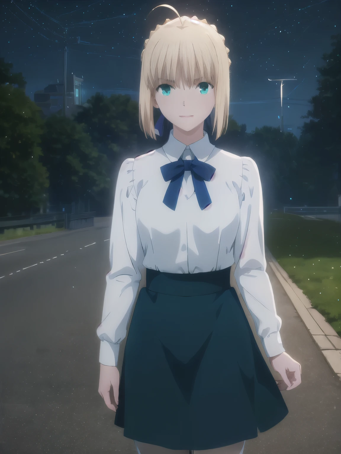 (masterpiece:1.4), (best quality:1.4), realistic, 1girl, artoria pendragon \(fate\), ray tracing graphic, large breast, night time, little ahoge, green eyes, white shirt, blue skirt, happy, blush, little smile, stand, in London tower, empty road, face focus, from the front, looking at viewer, night time, close up view