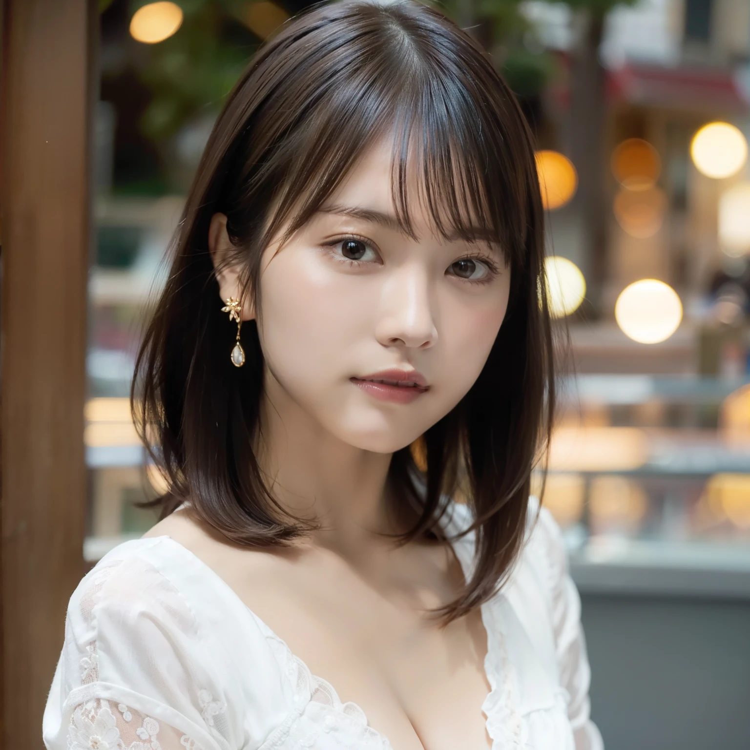 (8k、Raw photo、highest quality、Masseter muscle area:1.2、1600×400)、Ultra-detailed、Ultra-high resolution、(Realistic、Realistic photos:1.37)、Portrait、High-resolution RAW color photos、Professional photography、hVery detailed and beautiful、Very detailed、8k Picture Wallpaper、Incredibly detailed、Large file size、Official Art、HVery detailed CG Unity 8k wallpapers、Very detailed美しさ、Very detailed顔、Very detailed目、Very detailed皮膚、Very detailed指、hVery detailed nose、Very detailed詳細な口、Perfect Anatomy、Detailed Background、Detailed clothing、1 girl、30th Generation:1.4、Beautiful woman、Realistic body、、White skin、Glowing Skin、The body is slim、Handsome body、Black-haired、short hair、(Blunt bangs: 1.2)、A shy smile、cute、cute faces、A vivid face、Delicate eyes、Source Order、See through、Earrings、Looking at the camera、Cowboy Shot、Positive、Standing posture、Contrapo、Dynamic Lighting、Mid-breasted、Beautiful feet、Upper body:1.3、gravure、Full Body Shot