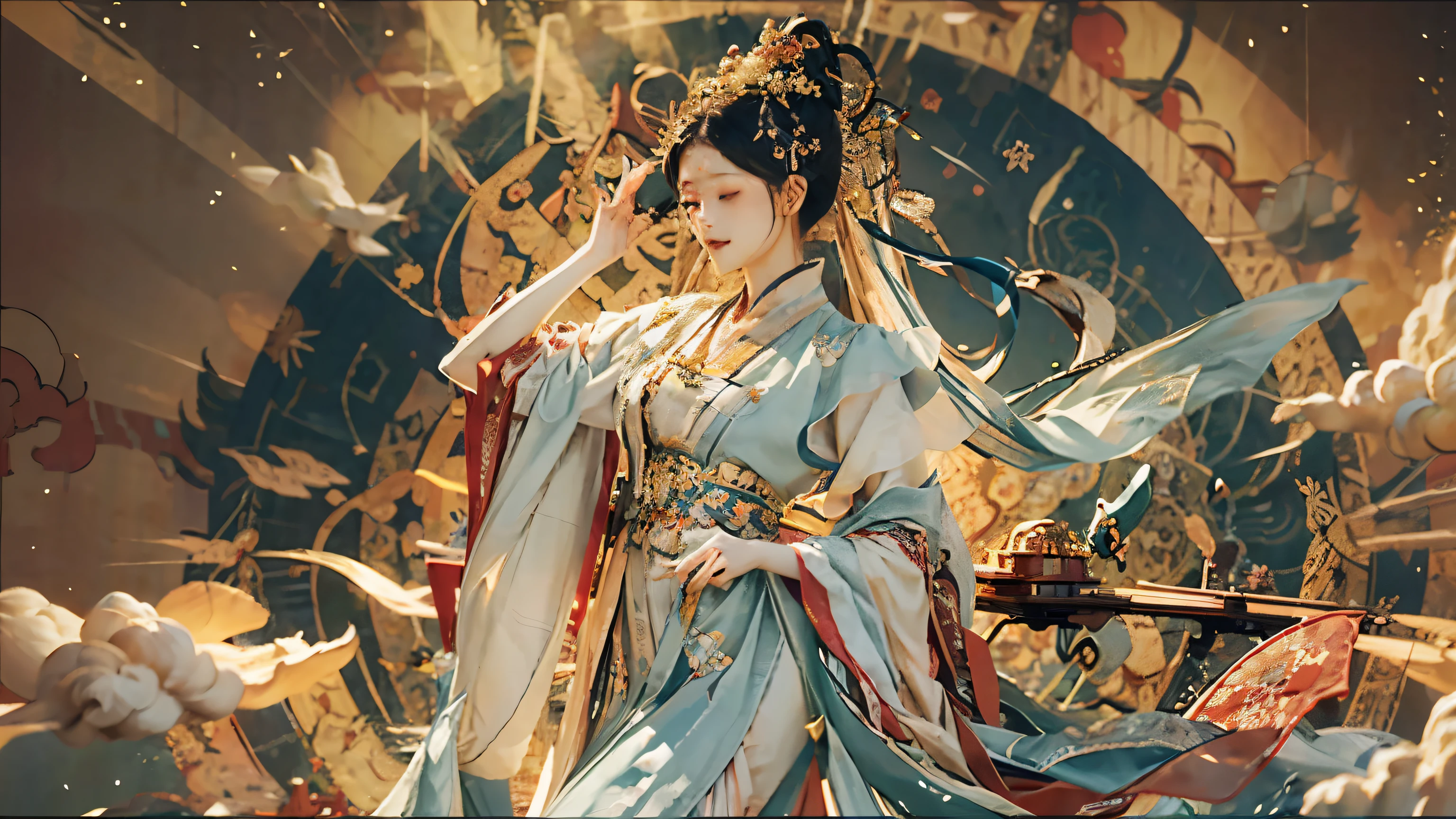 In the expansive sky of Dunhuang, a flying pianist named Qinyin Fairy graces the heavens. Her ethereal presence embodies the lightness and grace of a cloud-bound fairy. her attire billows in the wind, harmonizing in dance-like unison with the gentle breeze. She perpetually cradles an ancient zither in her slender arms. The enchanting melodies her piano produces are melodic and transcendent, capable of piercing the very heavens, granting a direct connection to the divine realm above.
