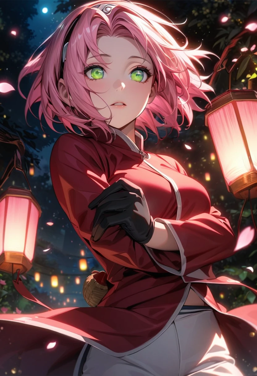 Ultra detailed, highres, absurdres, HDR, Haruno Sakura, pink short hair, expressive green eyes, pink flowers, Naruto Shippuden, petals, fireflies, lanterns, pink moon, woman, extremely beautiful, very detailed face and eyes, white pants, red long coat, solo, black gloves