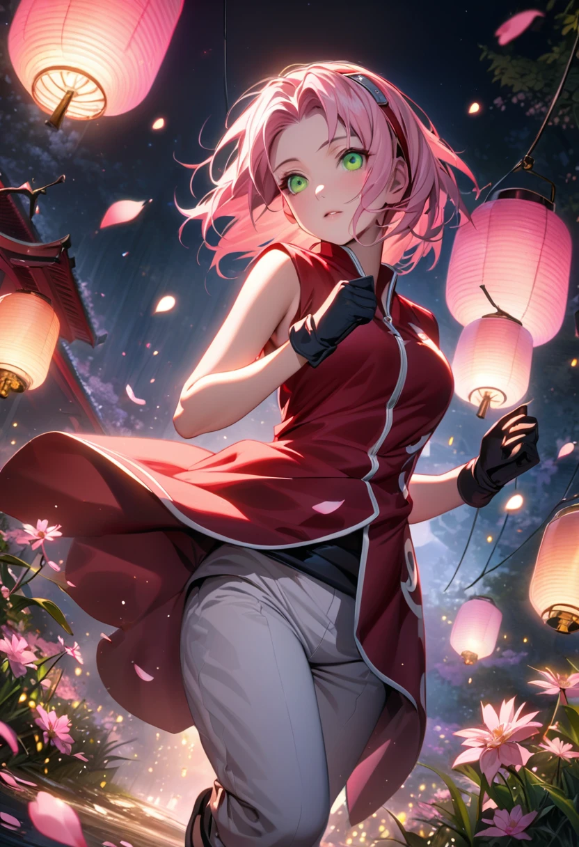 Ultra detailed, highres, absurdres, HDR, Haruno Sakura, pink short hair, expressive green eyes, pink flowers, Naruto Shippuden, petals, fireflies, lanterns, pink moon, woman, extremely beautiful, very detailed face and eyes, white pants, red long coat, solo, black gloves