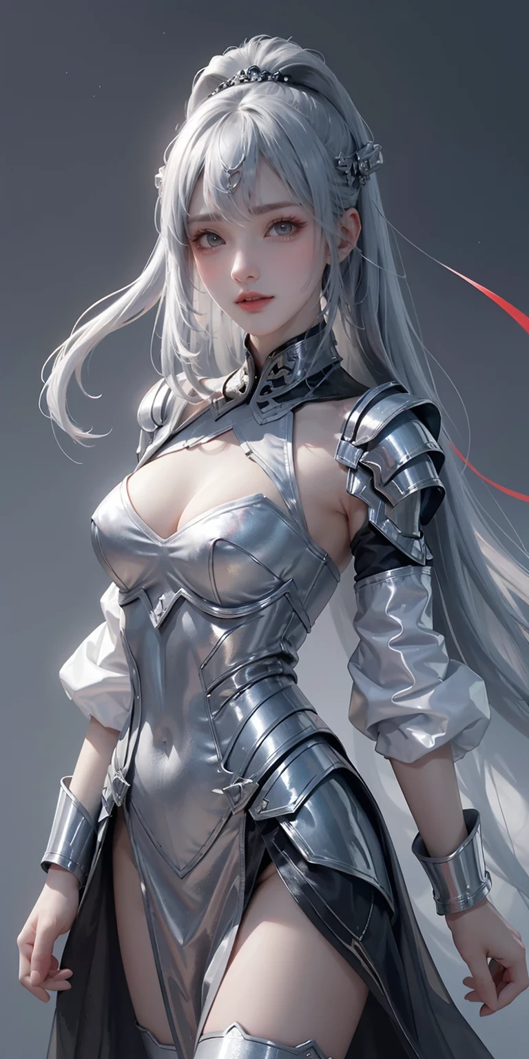 20 year old girl, With long bangs, The red eye makeup is very meticulous, long gray hair, Elegant and noble, Brave and charming, Future armor combined with the characteristics of ancient Chinese armor, Hollow design, Power Armor, The mysterious Eastern runes, A delicate dress pattern, A flash of magic, Background of war, Movie lights, Ray tracing