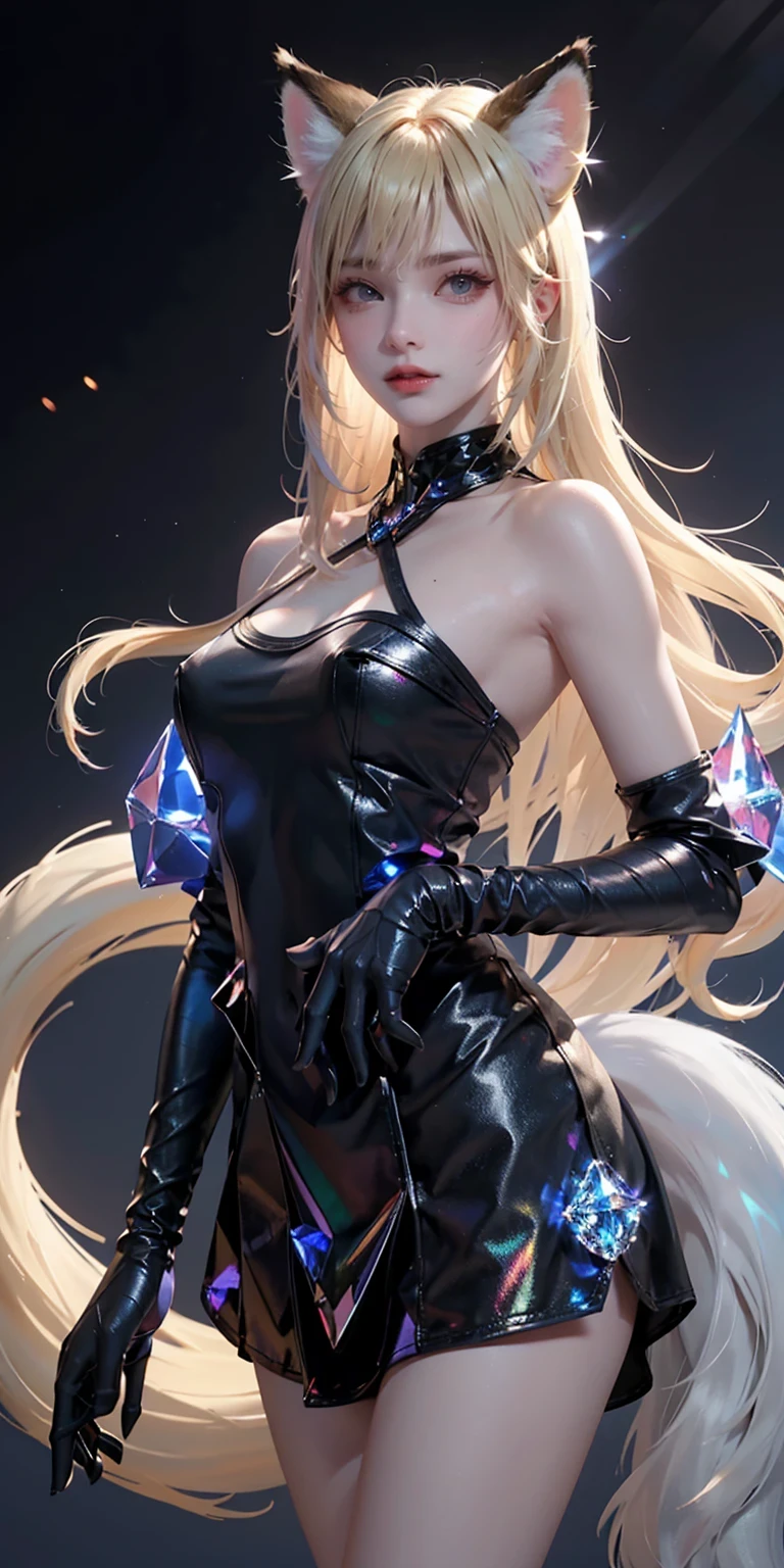 Super Resolution, (Realism: 1.3), 1 (Slim: 1.2) Girl, Solo, Looking at the Audience, League of Legends, Fox, KDA Fox, Blonde Hair, Fox Ears, Fox Tail, Blue Coat, White Top, Black Skirt, Laser, Light Effect, Super Perfect Face, Perfect Eyes, Good Looking, ((Crystal Tail,)) Lots of Tails, Perfect Eyes