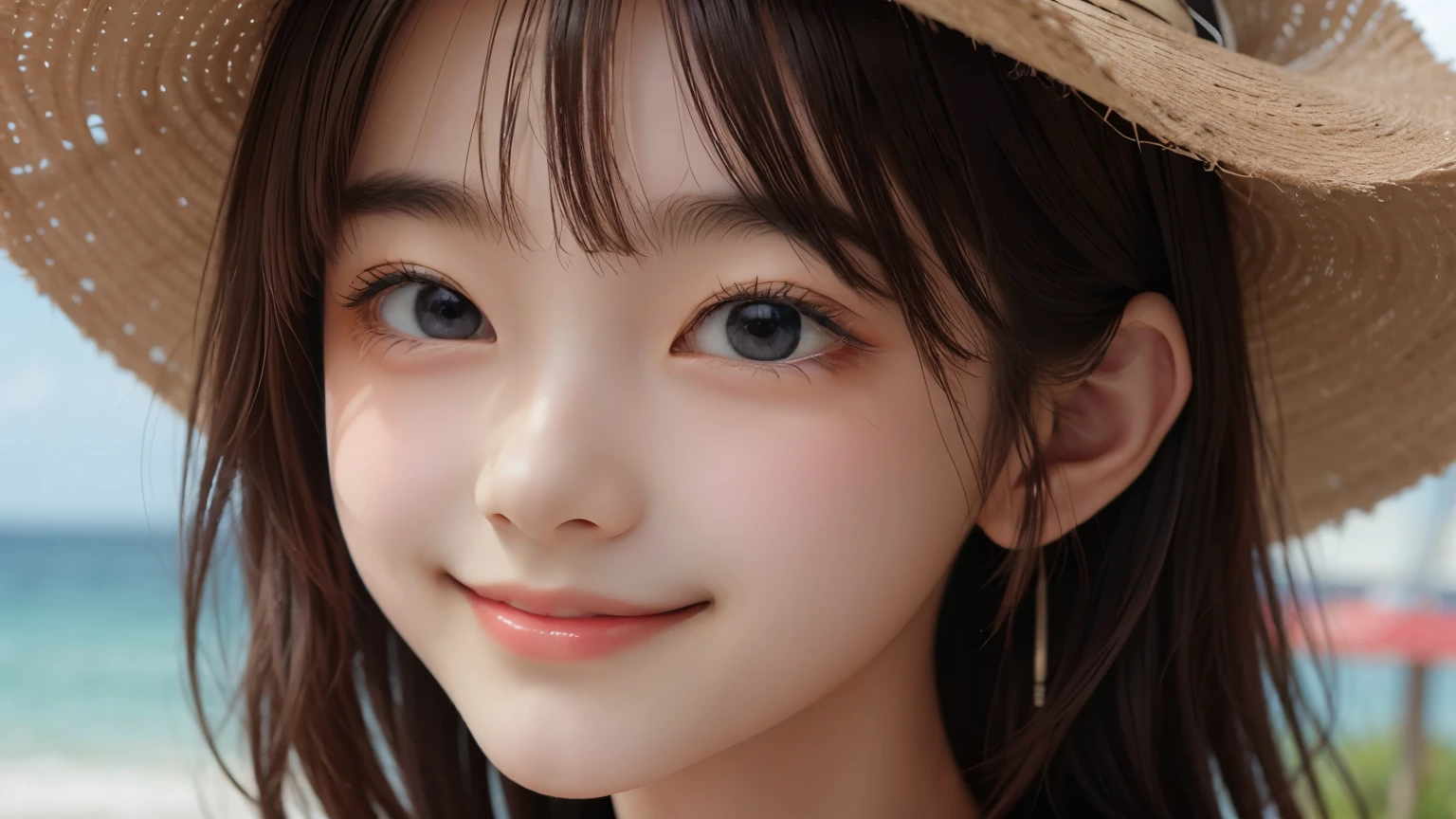 master piece , best quality , woman , straw hat , smile , outdoor