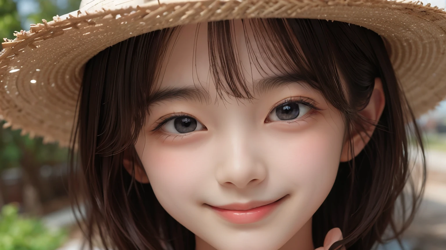 master piece , best quality , woman , straw hat , smile , outdoor