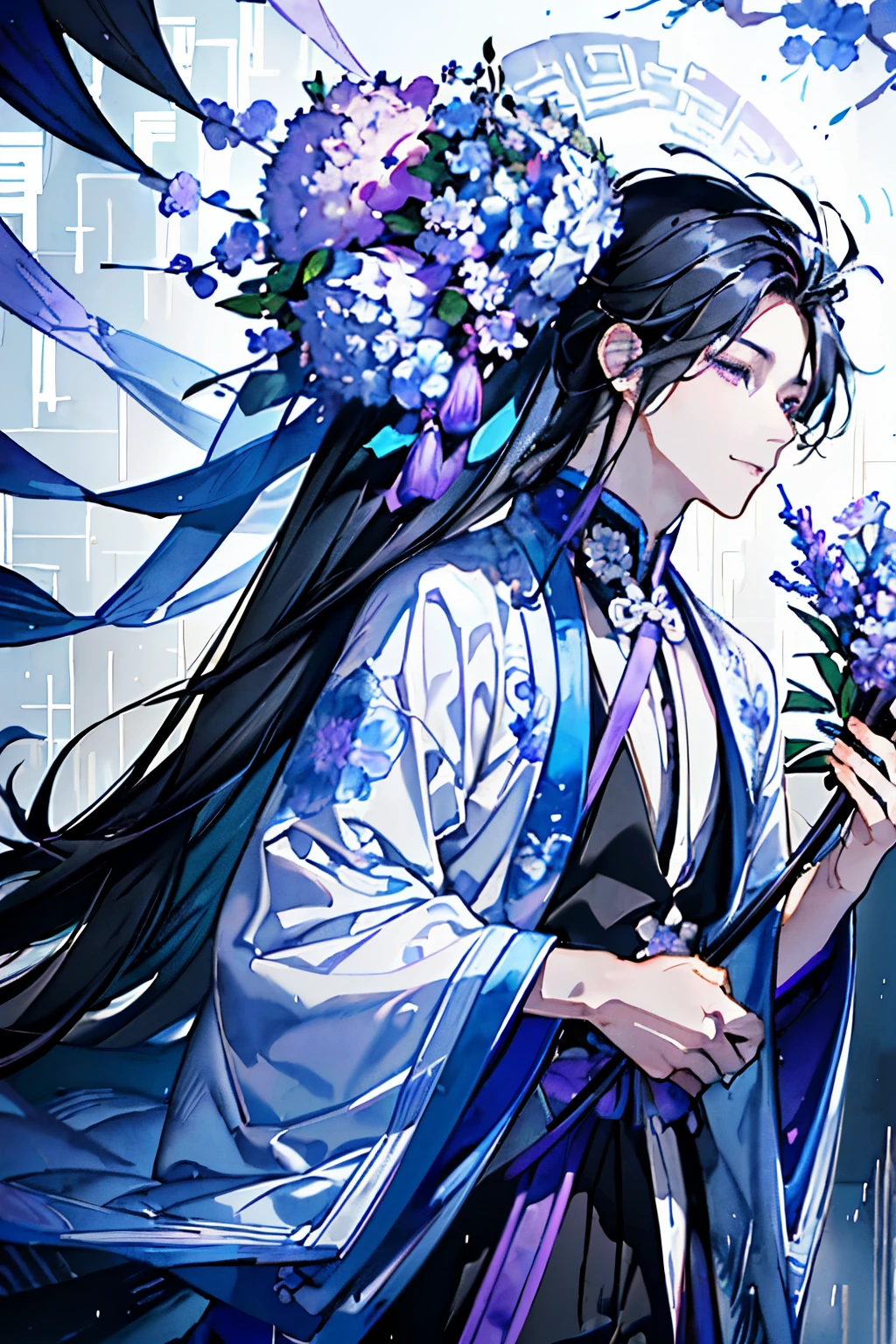 ((A young man about 18 years old)),(Black Hair:1.3),(Long Hair:1.3),(Blue, purple and grey costume reminiscent of an ancient Chinese scholar),(The atmosphere of a watercolor painting),(Close-up of face:1.25),(rain:1.2),(Hydrangea and many other flowers々:1.2),(Brush and Scroll:1.3),(smile:1.2),((Angle from below:1.2))