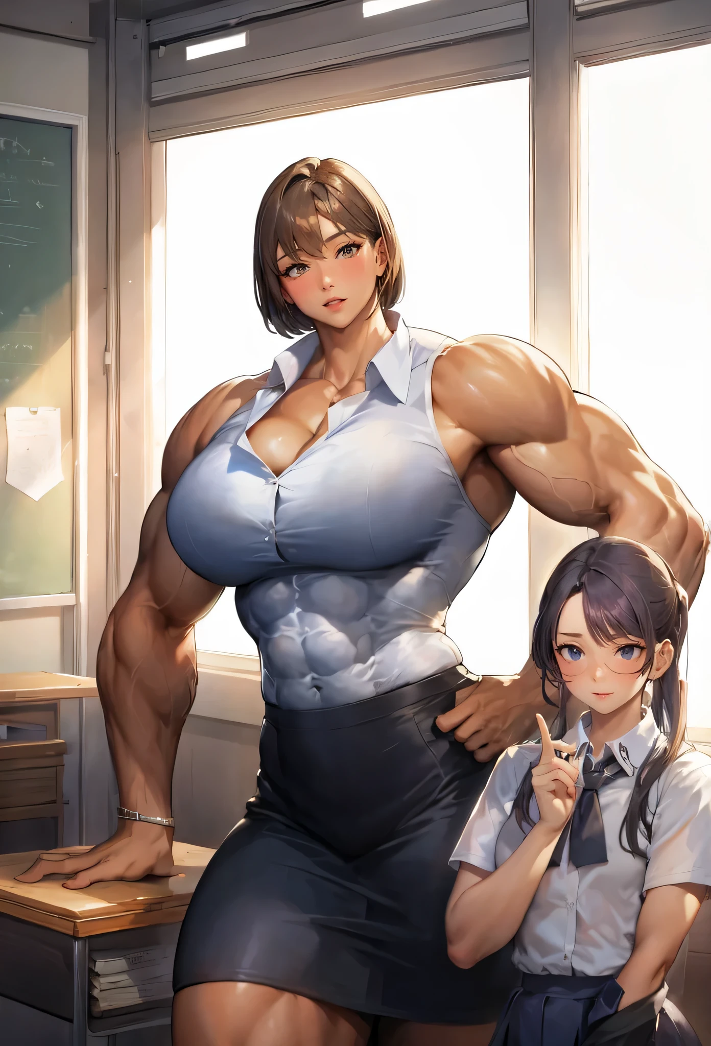 2girls,classroom, muscular female, alternate muscle size,,muscular ,biceps,muscular,muscular thighs,blush,,abs,pecs,unbuttoned,hyper muscle,teacher and student