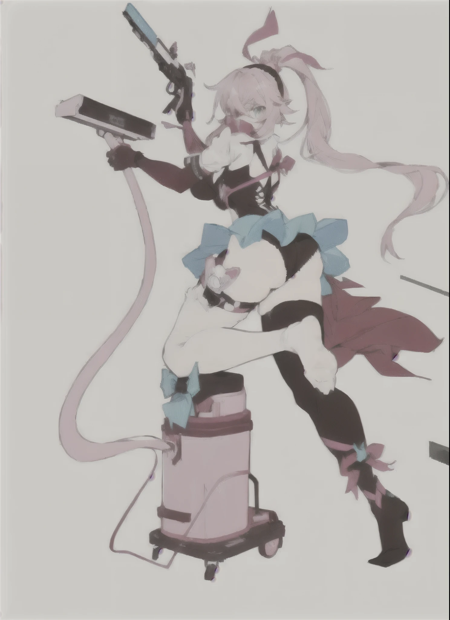 拿着枪的cartoon女孩和凳子上的猫, Maintain your posture, Ramlethal Valentine's Day, Humanoid pink female squid girl, Complete!! Catwoman, cartoon人物; Complete身藝術, Pink ponytail hair and cyan eyes, cartoon, Highest rated on pixiv, Pink Iconic Character, High-quality fanart
