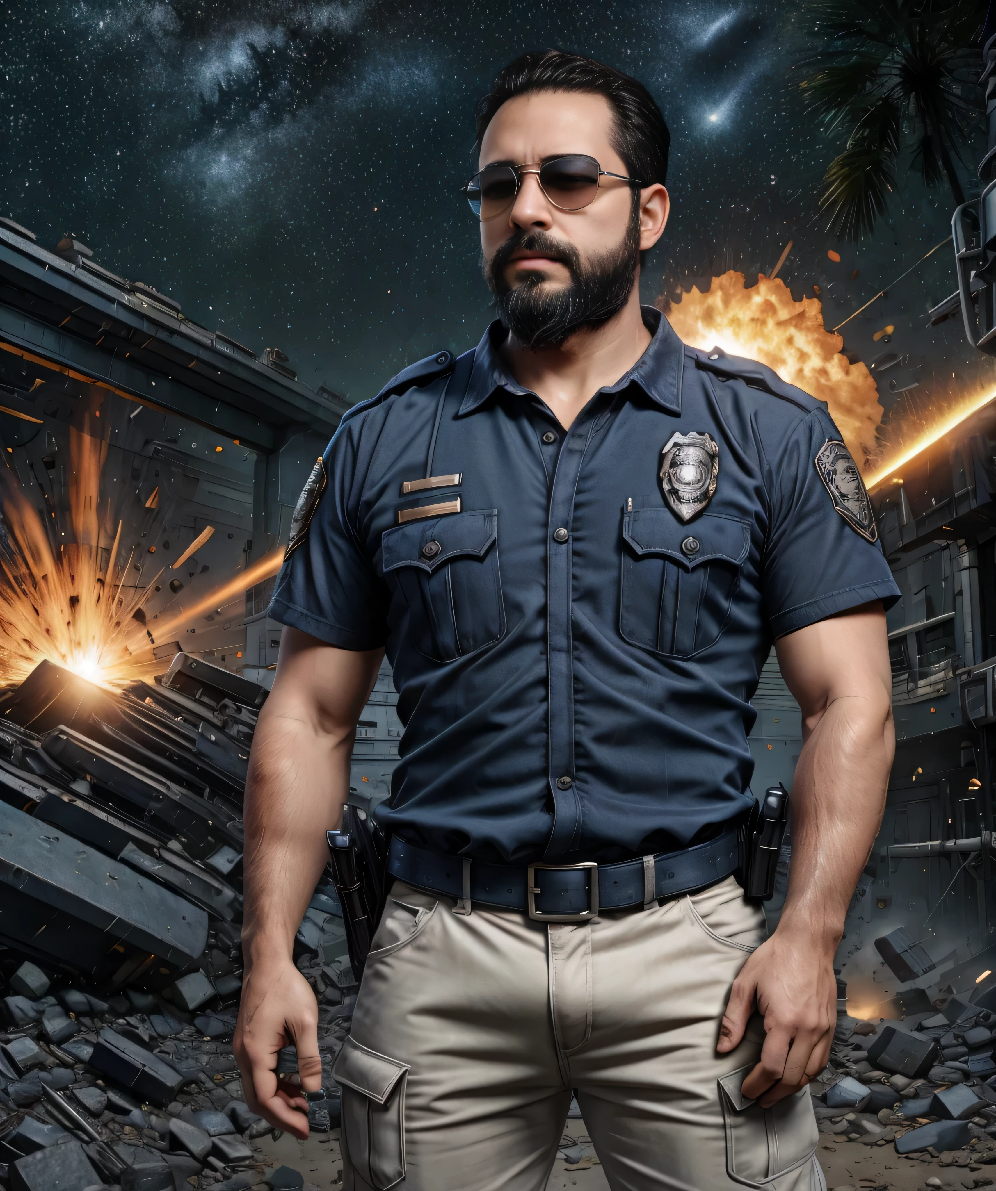 Obra maestra, desenfoque de campo, Parte superior del cuerpo, Hands in pants pockets, 38 year old chubby man with beard and square sunglasses.. Man in police t-shirt in a space movie with a solar explosion in the background.